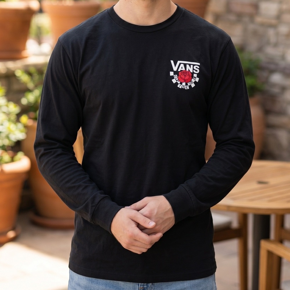 Vans Mens Long Sleeve Graphic T-Shirt Black Rose Off The Wall Logo Skater Tee